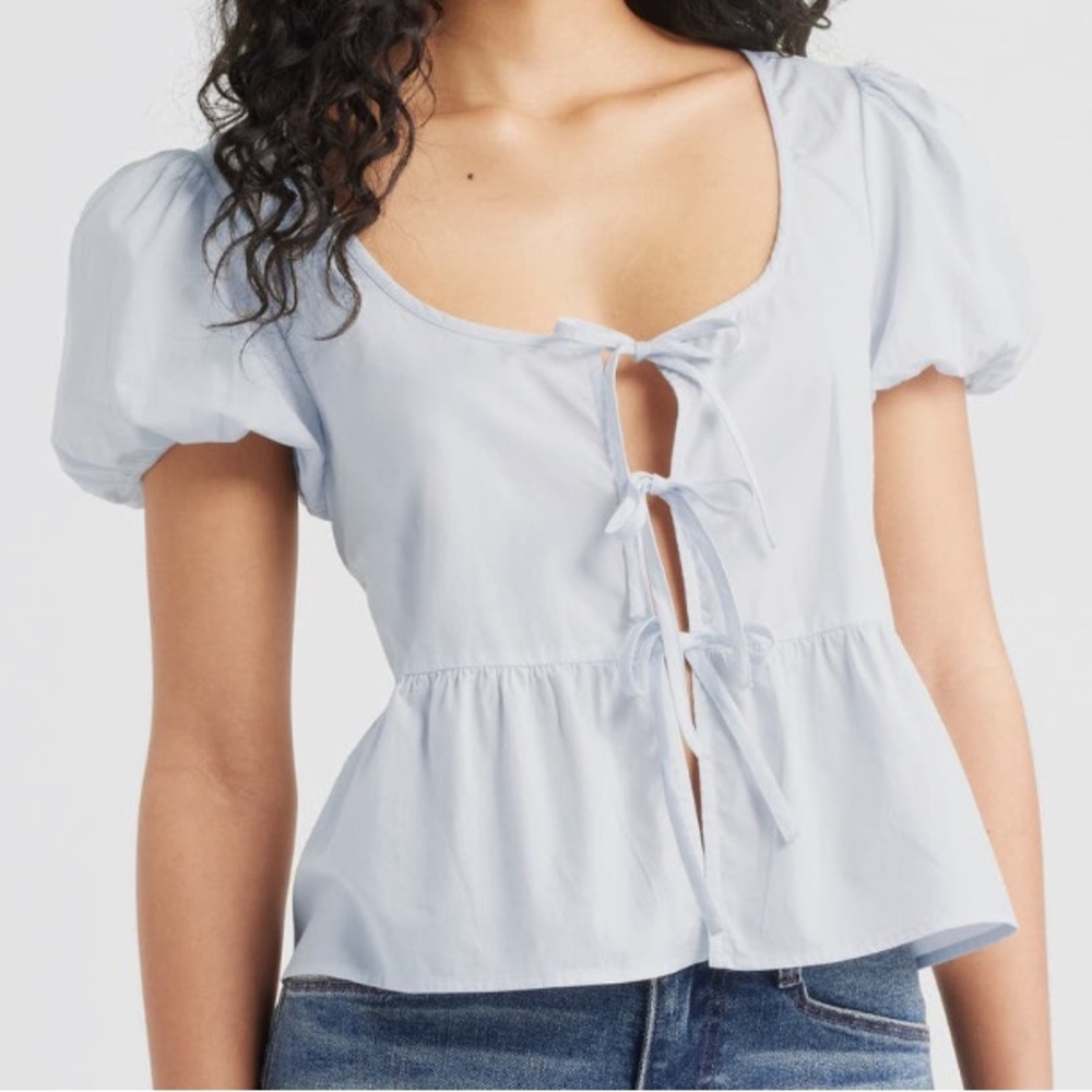 BP. Blue Illusion Tie Front Cotton Puff Sleeve Poplin Top Blouse -Sz Medium, NWT